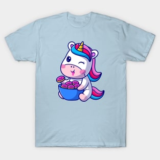 Cute Baby Unicorn Eating Donut Cartoon T-Shirt